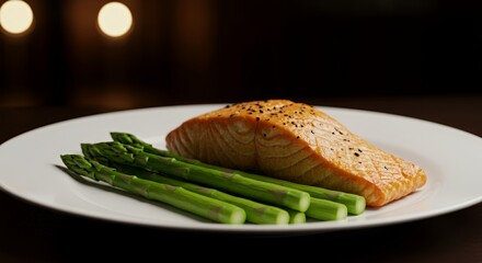 Savor the Moment: Pan-Seared Salmon with Asparagus on a Pristine White Plate