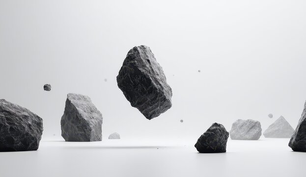 Dark and light grey rocks of varying sizes levitate against a stark white background, creating a minimalist, almost surreal scene