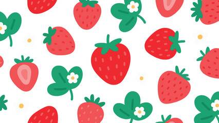 Cheerful Strawberry Patch Illustration with Green Leaves and Delicate Flowers Playfully Scattered on a White Background for a Fresh and Summery Vibe