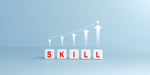 White cubes spelling SKILL with an upward trending line graph and arrows. Symbolizes skill development, learning, growth, continuous improvement in education, career, personal development concepts.