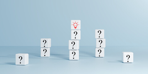 Minimalist white cubes with question marks surround one red light bulb cube in the center. Symbolizing problem-solving, ideas, challenges, creative solutions. Perfect for business strategy, innovation