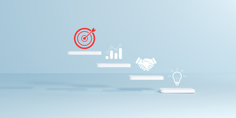 A series of white steps leading to a red target with icons representing growth, partnership, and innovation, symbolizing business strategy, goal achievement, and collaborative success in a 3D render.
