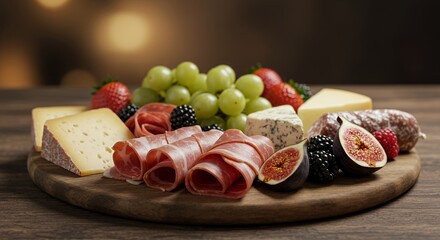 Indulge in this rustic charcuterie board, a delightful spread of cheeses, meats, and fresh fruits.