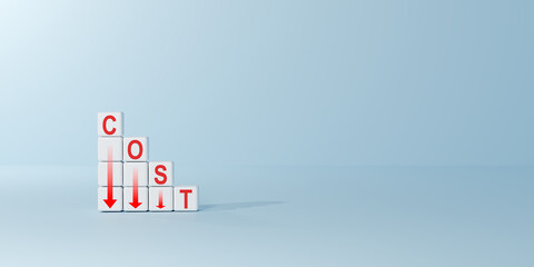 Minimalist white cubes spelling COST with downward red arrows. Symbolizes cost reduction, efficiency, financial savings, and optimized expenses. Budget management, financial planning, and operations.