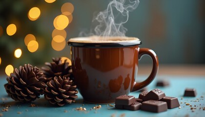 A cup of hot chocolate with steam rising from it, surrounded by pine cones and chocolates on a blue surface