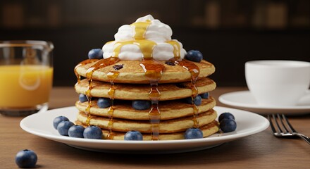 Indulge in a stack of fluffy blueberry pancakes, drizzled with golden syrup and topped with creamy whipped cream ? the perfect breakfast treat.