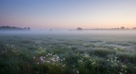 Foggy meadow with grass and flowers at dawn or dusk under a pastel sky.
