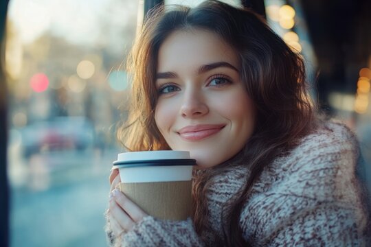 Morning commuter woman with coffee cup, enjoying warm beverage, cheerful lifestyle