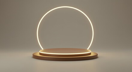 Illuminated circular frame above a round pedestal on a neutral background.