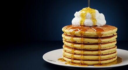 Golden Syrup Drizzles Delightfully onto a Fluffy Pancake Stack Topped with Whipped Cream