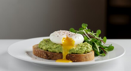 Indulge in a perfectly poached egg atop creamy avocado toast, garnished with vibrant microgreens.