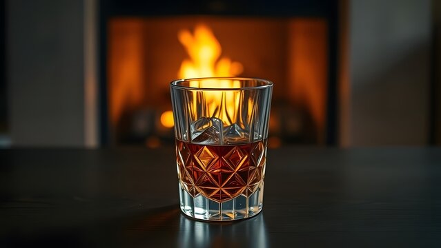 Whiskey in a Crystal Glass by a Fireplace - Powered by Adobe