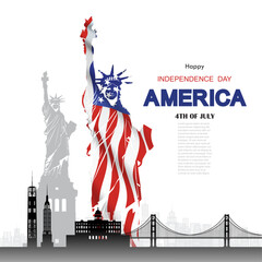 Anniversary and celebration Happy independence day of American in national flag background with Travel landmarks architecture of America in manhattan and San Francisco, in paper art, paper cut style.