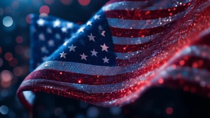 Sparkling American Flag Waving with Bokeh Lights Background, Patriotic Festive Mood