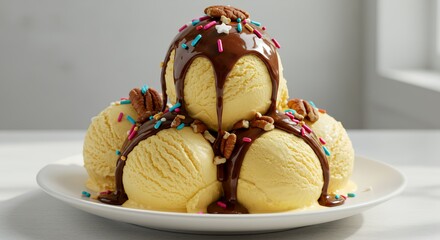 Indulge in this decadent vanilla ice cream mountain, drizzled with rich chocolate and topped with crunchy pecans and vibrant sprinkles.