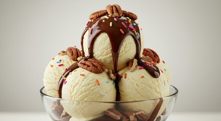 Indulge in this decadent vanilla ice cream sundae, drizzled with rich chocolate and topped with crunchy pecans and sprinkles.