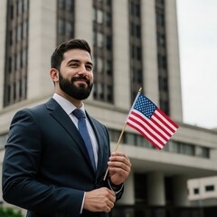 Man in suit holding american flag in front of building looking up with a slight smile on his face