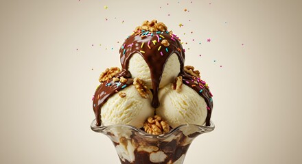 Decadent Chocolate-Covered Ice Cream Sundae with Walnuts and Sprinkles