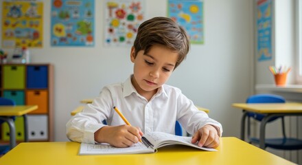 Focused young boy concentrating on schoolwork in a classroom setting