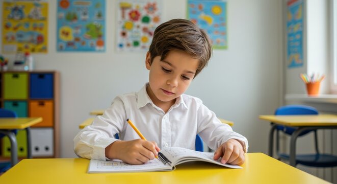 Focused young boy concentrating on schoolwork in a classroom setting