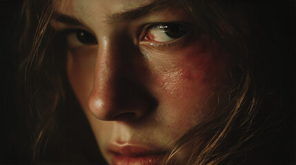 Portrait of a woman with visible bruises on her face, expressing pain and vulnerability, symbolizing abuse and emotional trauma.
