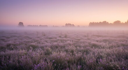 Foggy field with trees in the distance under a pastel colored sky.