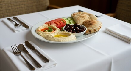 Mediterranean Mezze Platter: A Delightful Spread of Hummus, Olives, and Pita Bread