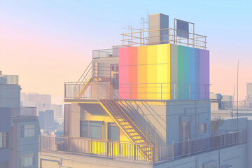 Building Rooftop with Rainbow Design Against a Soft Pastel Sky. Mock up promotion information for marketing announcements and details, blank white space