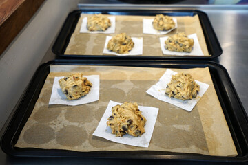 Close up Chocolate chip cookie dough on tray