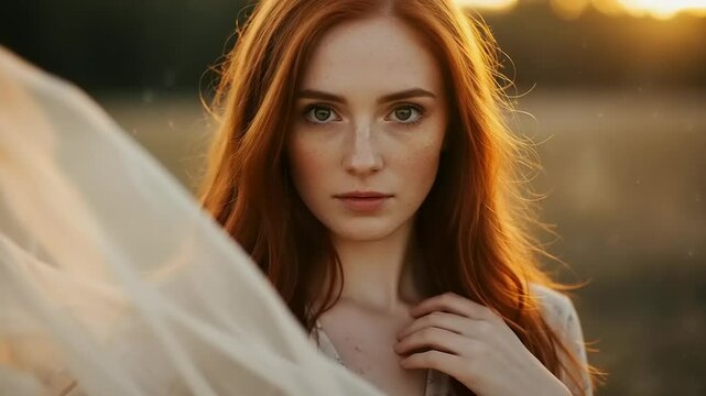 Redhead woman sunset field portrait.