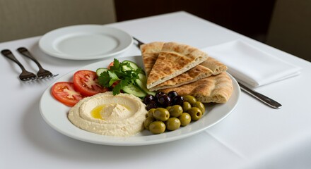 Mediterranean Mezze Platter: Hummus, Pita, Olives, and Fresh Vegetables