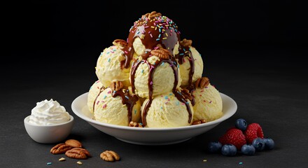 Indulge in this decadent ice cream mountain, drizzled with rich chocolate and topped with colorful sprinkles.
