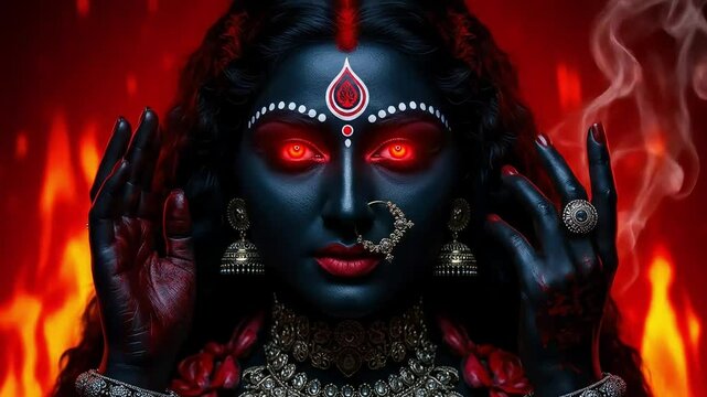 Dynamic Kali Puja: Fierce Goddess with Glowing Red Eyes and Fiery Aura