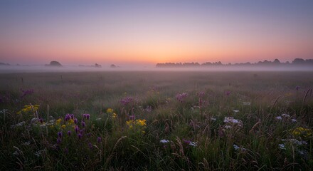 Field with wildflowers and fog at sunrise with pink and purple sky.