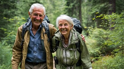 Forest Explorers: A cheerful elderly couple enjoys a leisurely hike through a vibrant forest, their faces radiating joy as they embrace the serenity of nature's embrace.  - Powered by Adobe