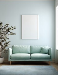 Minimalist living room with a light blue sofa a large plant and a blank picture frame on a pale blue wall