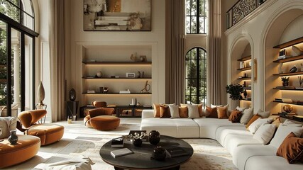 French style,a luxurious and spacious living room with modern design elements. High ceilings,a grand staircase,large windows,and contemporary artwork enhance the overall aesthetic of the space.