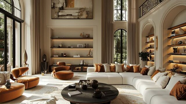 French style,a luxurious and spacious living room with modern design elements. High ceilings,a grand staircase,large windows,and contemporary artwork enhance the overall aesthetic of the space.