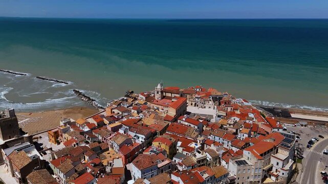 Aerial view of Termoli, Italy. Medieval fortification walls and scenic old town, Adriatic coast