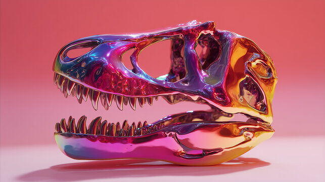 A shiny plastic T-Rex skull with reflective pastel and vibrant colors, modern decorative design, artistic collectible, perfect for display, creative and colorful concept. - Powered by Adobe