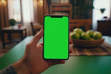 Male hand browsing mobile app on green screen, dining table and fruit bowl in background