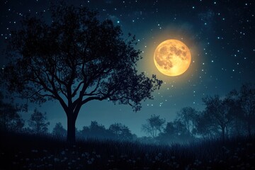 Magical night landscape with a silhouette of trees and glowing moon