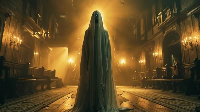 Halloween horror scene featuring a white undead ghost screaming