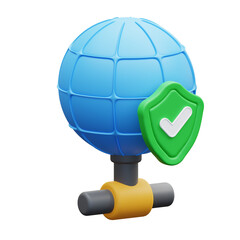 A 3D blue globe with a green shield, signifying secure network connections. Ideal for cybersecurity presentations.