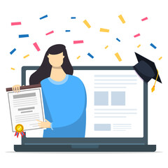 Online education concept. A woman holding certificate of online course.