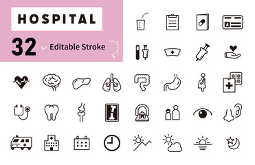 病院やクリニックの診療科、医療に関する線画のベクターアイコンセット