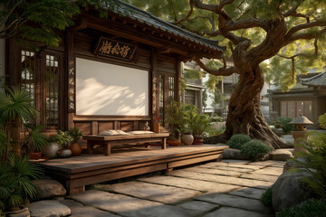 Naklejka premium Japanese Style Building with Wooden Deck and Garden Landscape. Mock up promotion information for marketing announcements and details, blank white space