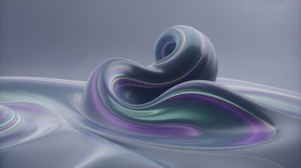 A surreal iridescent and pearlescent 3D shape swirls on a flat plane. The illustration could be used on Adobe Stock.