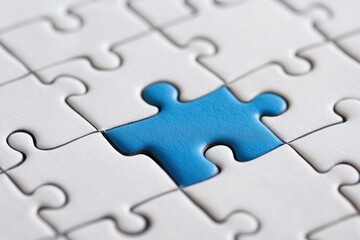 Isolated blue puzzle piece near an empty slot in a sea of white pieces