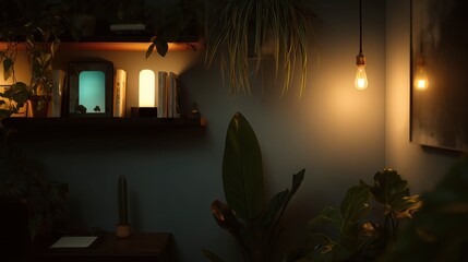 Close-Up Zoom Virtual Background, Evening Ambiance, Wall Shelving , Warm Lighting, Indoor Plants: Atmosphere, Moody, Nature, Calm, Peaceful. Cozy Interior Living Room Backdrop for Virtual Meetings